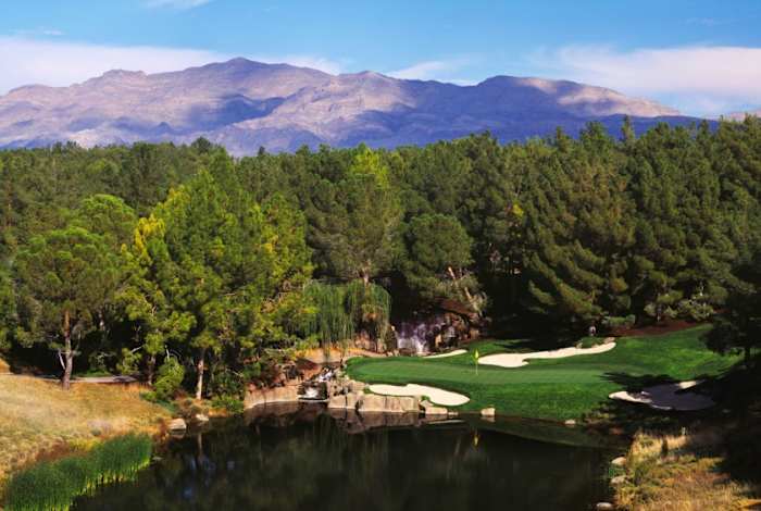 The par-3 17th hole at Shadow Creek Golf Course in Las Vegas, the site of this week’s CJ Cup at Shadow Creek on the PGA Tour